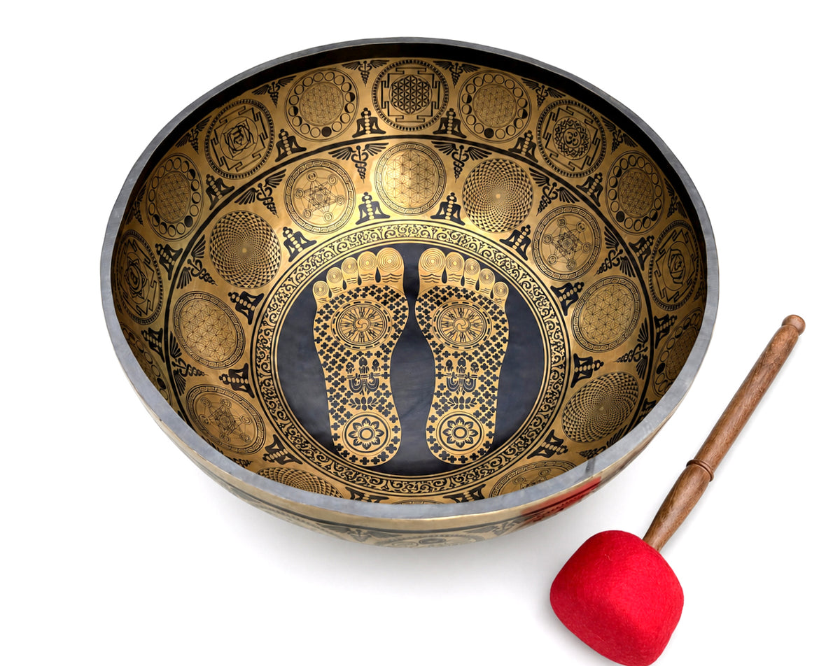 Handcrafted 20-inch Flower of Life Tibetan singing bowl from Nepal for meditation, yoga and sound healing