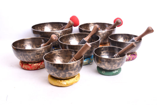 7 Piece Full Moon Singing Bowl Set (5"–10") | Chakra Note Tuned Tibetan Singing Bowls | Complete Meditation Sound Healing Set with Mallets, Cushions & Strikers