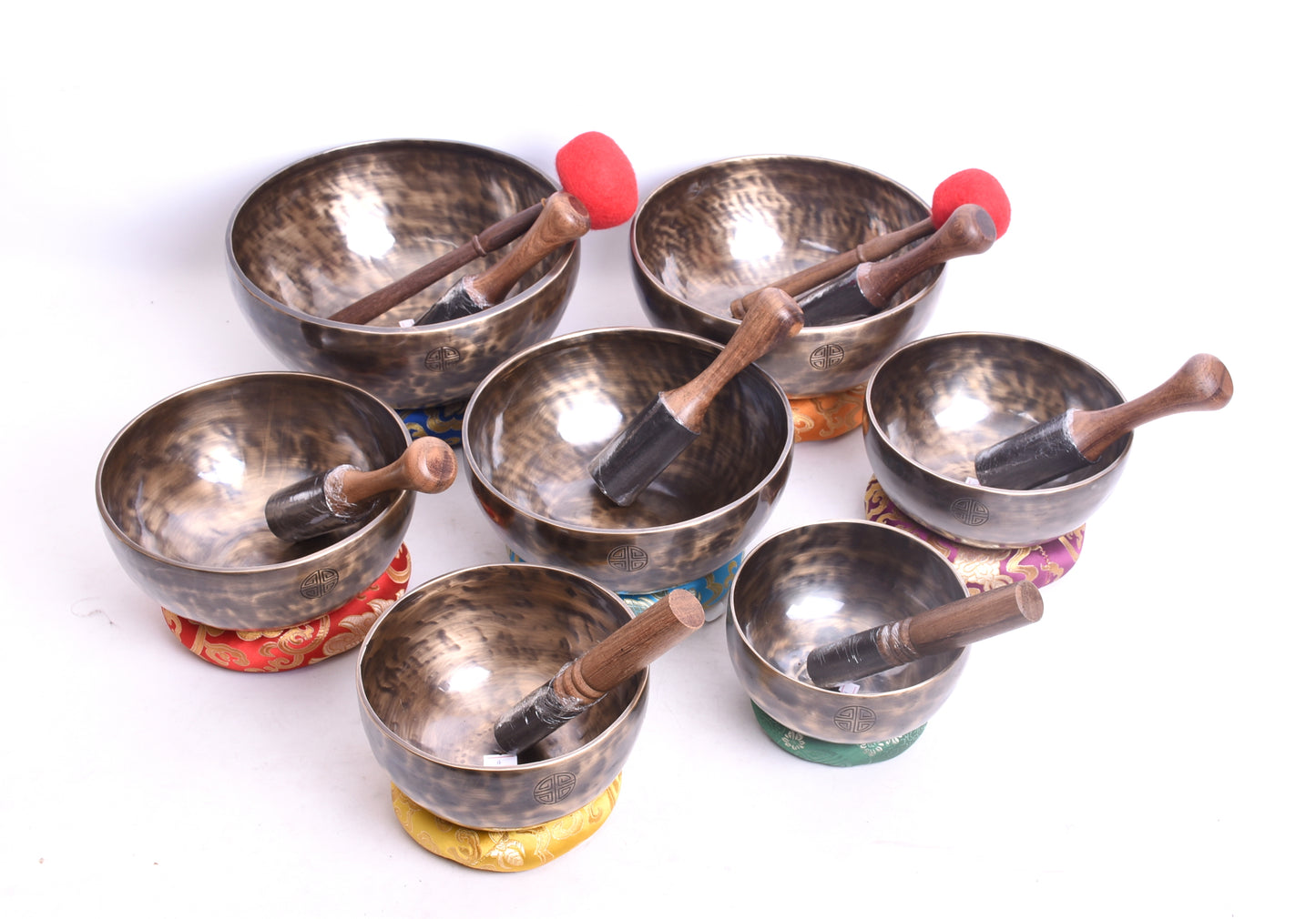 7 Piece Full Moon Singing Bowl Set (5"–10") | Chakra Note Tuned Tibetan Singing Bowls | Complete Meditation Sound Healing Set with Mallets, Cushions & Strikers