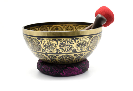 12-Inch Flower of Life Feet-Carved Tibetan Singing Bowl – Sacred Geometry Sound Healing Bowl with Mallet, Cushion & Striker