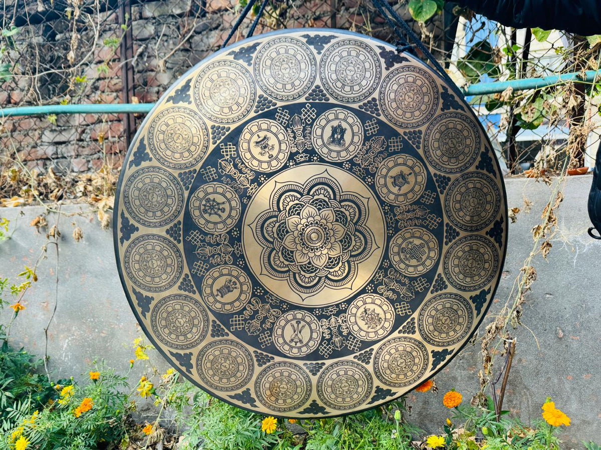 Hand-carved mandala sound-healing gong for meditation and sound baths