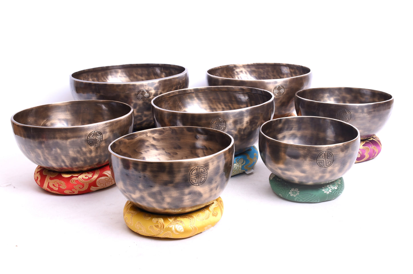 7 Piece Full Moon Singing Bowl Set (5"–10") | Chakra Note Tuned Tibetan Singing Bowls | Complete Meditation Sound Healing Set with Mallets, Cushions & Strikers