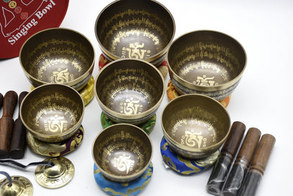 Mantra-Carved Tibetan Singing Bowl Set of 7 – Chakra Meditation Bowls with Mallets, Cushions & Carrying Case
