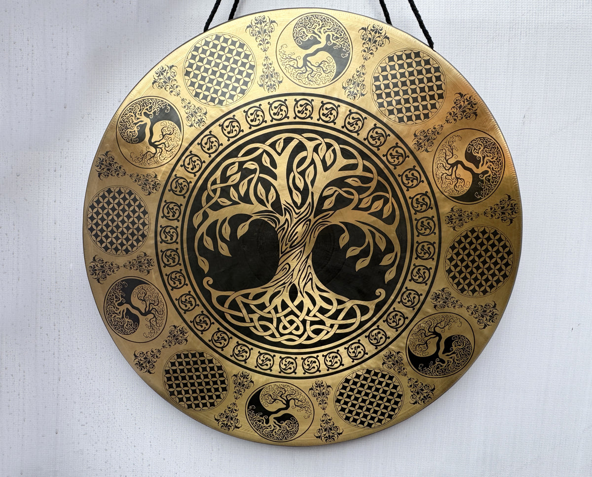 50 cm Tree of Life Tibetan Gong – Handcrafted Sacred Geometry Sound Healing Gong with Mallet