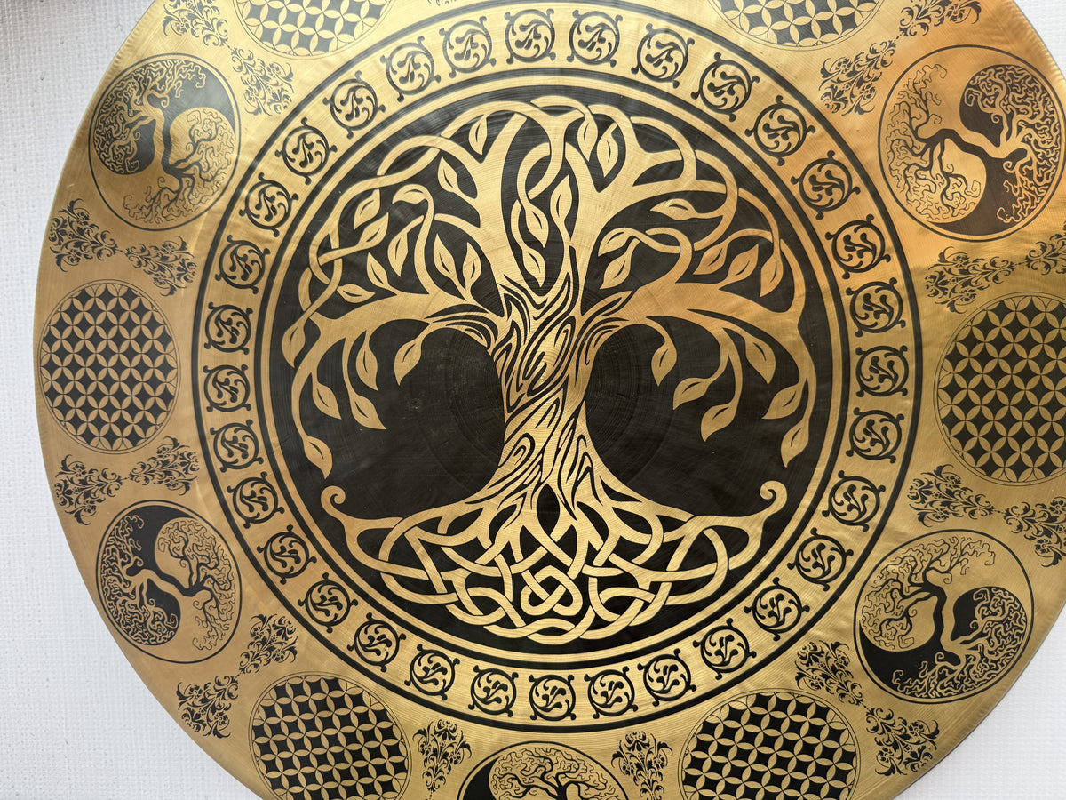 50 cm Tree of Life Tibetan Gong – Handcrafted Sacred Geometry Sound Healing Gong with Mallet