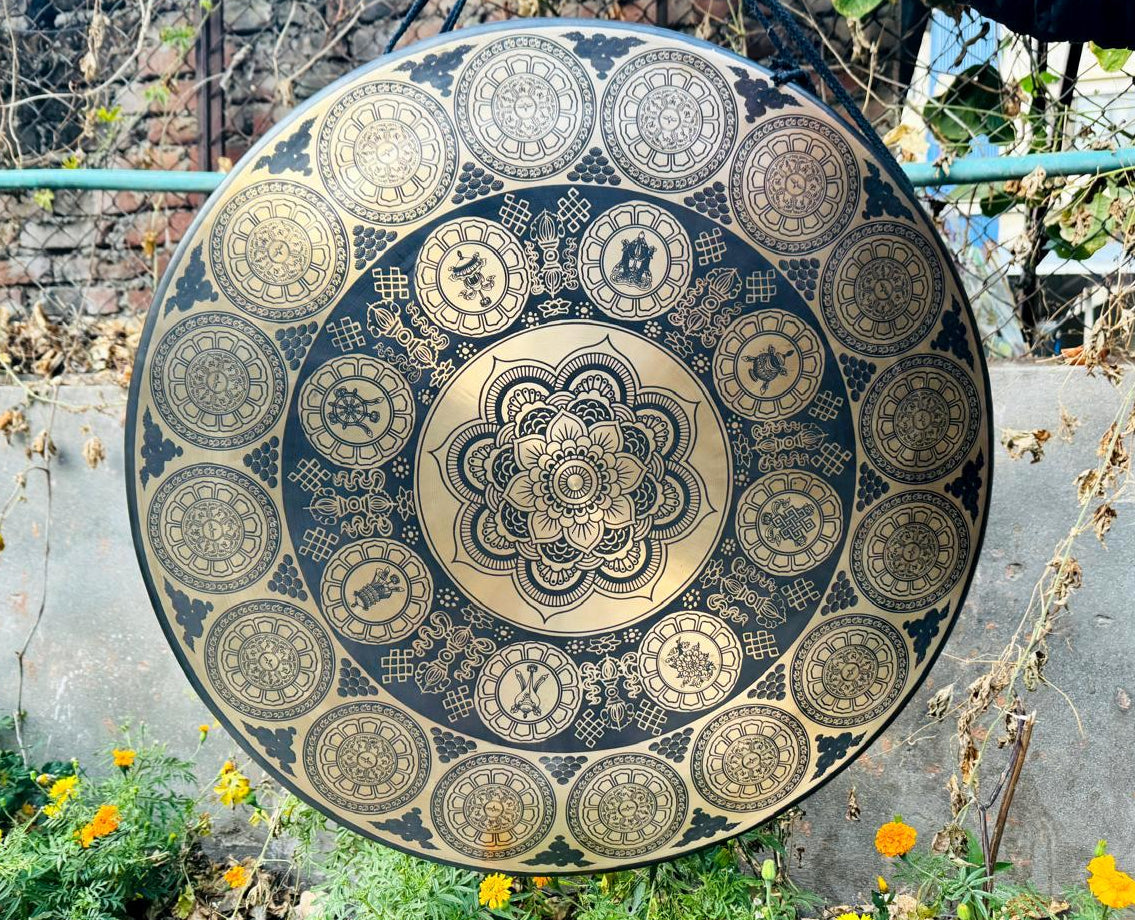Large Tibetan gong featuring a sacred Flower of Life geometry design