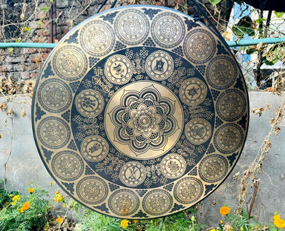 Large Tibetan gong featuring a sacred Flower of Life geometry design