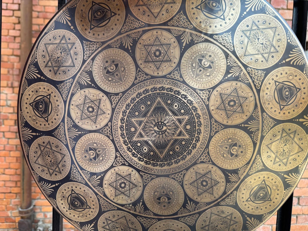 Large Tibetan sound healing gong with sacred eye artwork