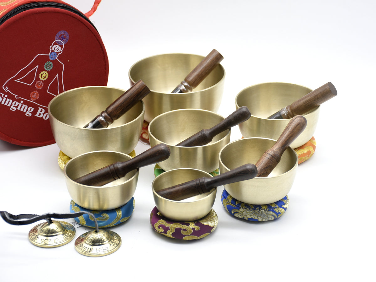 Seven chakra singing bowls handmade in Nepal for sound healing therapy