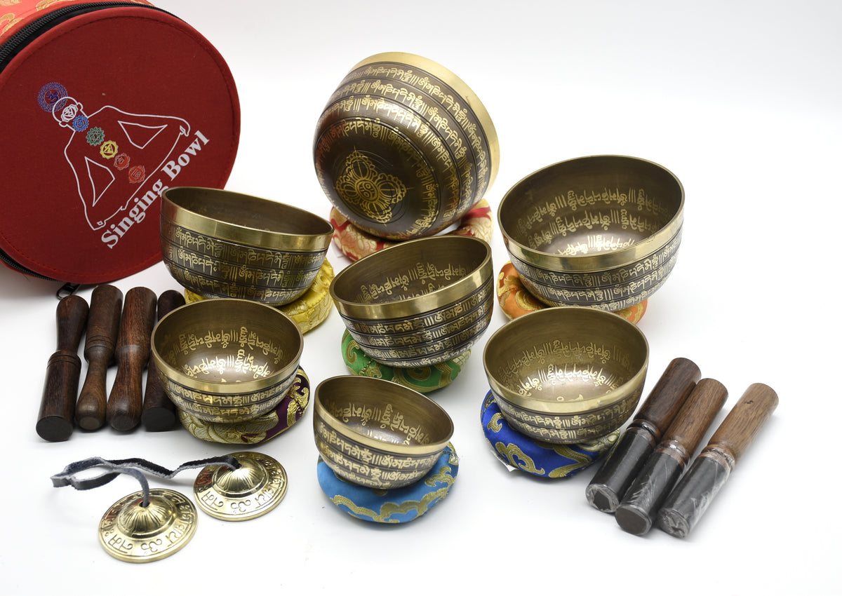 Mantra-Carved Tibetan Singing Bowl Set of 7 – Chakra Meditation Bowls with Mallets, Cushions & Carrying Case