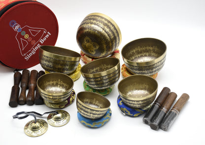 Mantra-Carved Tibetan Singing Bowl Set of 7 – Chakra Meditation Bowls with Mallets, Cushions & Carrying Case