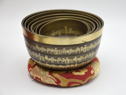 Mantra-Carved Tibetan Singing Bowl Set of 7 – Chakra Meditation Bowls with Mallets, Cushions & Carrying Case
