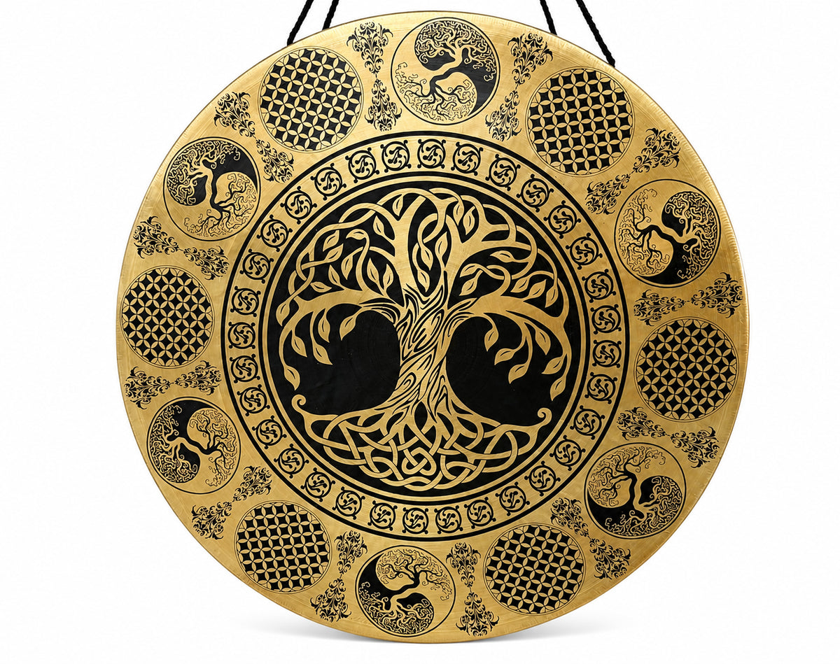 Handcrafted 50 cm Tree of Life Tibetan meditation gong with mallet for sound healing, yoga and sound-bath therapy