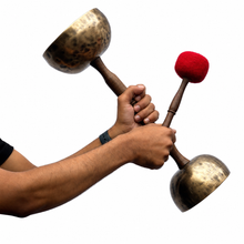 Handcrafted double chalice handle Tibetan singing bowl available in 5 and 6 inches with mallet and cushion